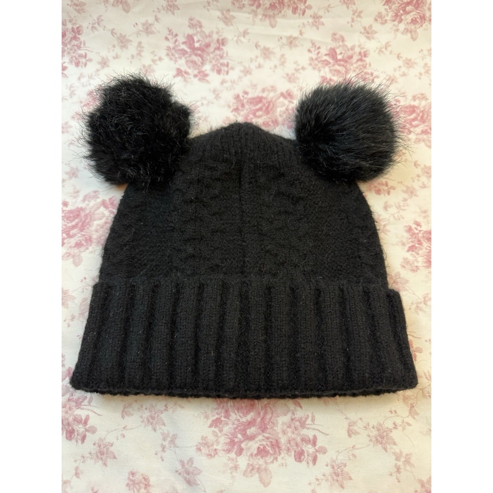 Black Double Pom Pom Beanie Hat Faux Fur One Size Wool Blend Winter